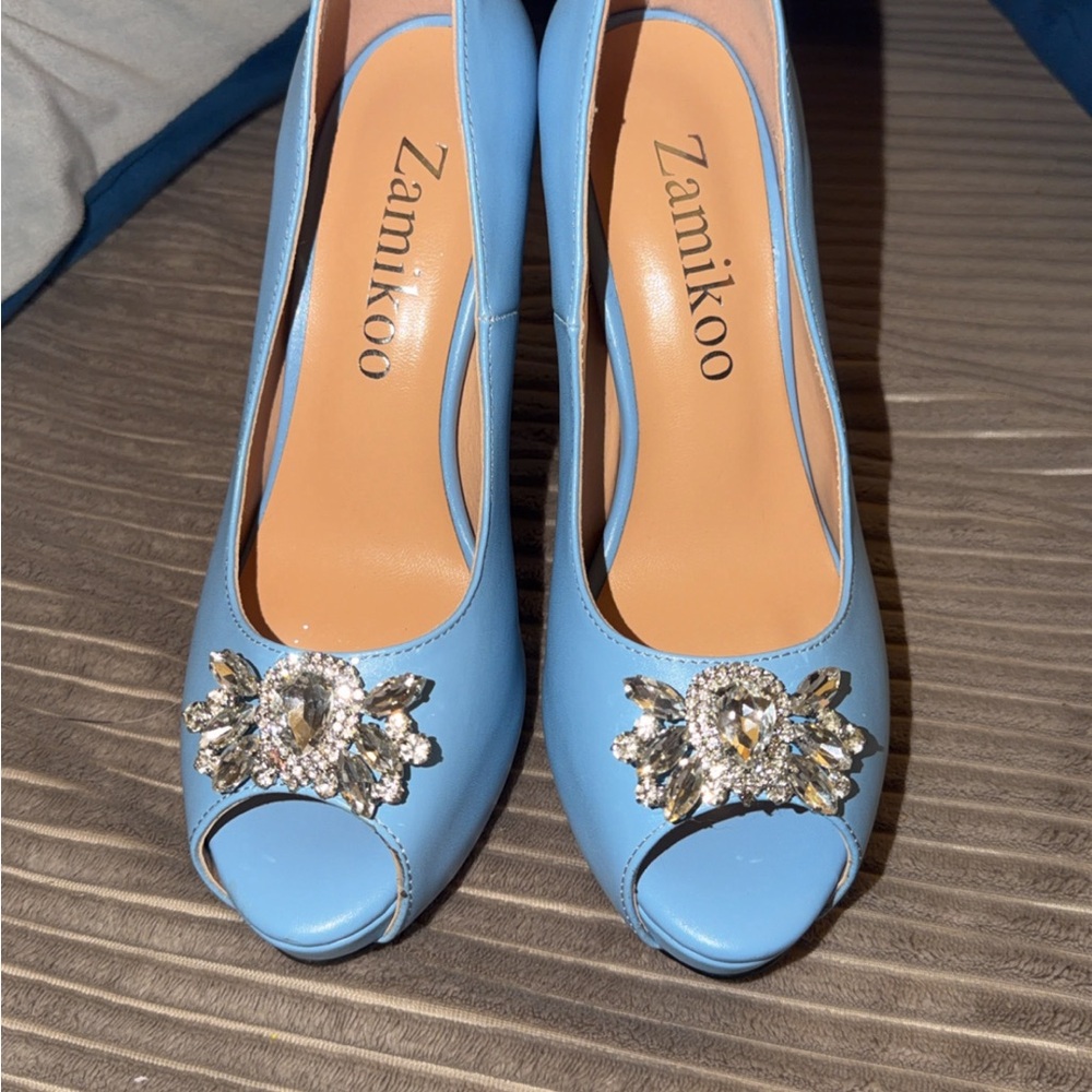 Sky Blue Embellished Women's Heels - Picture 3 of 9